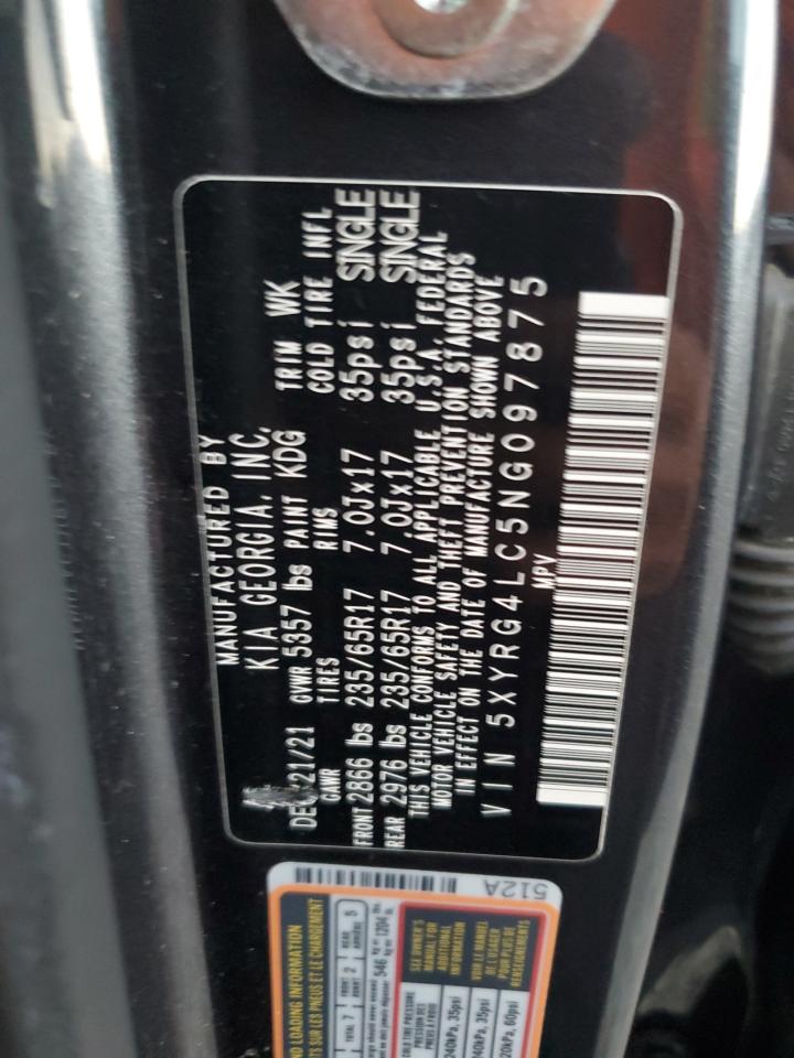 2022 KIA Sorento VIN 5XYRG4LC5NG097875 Copart auction photo, front end damage thumbnail 15