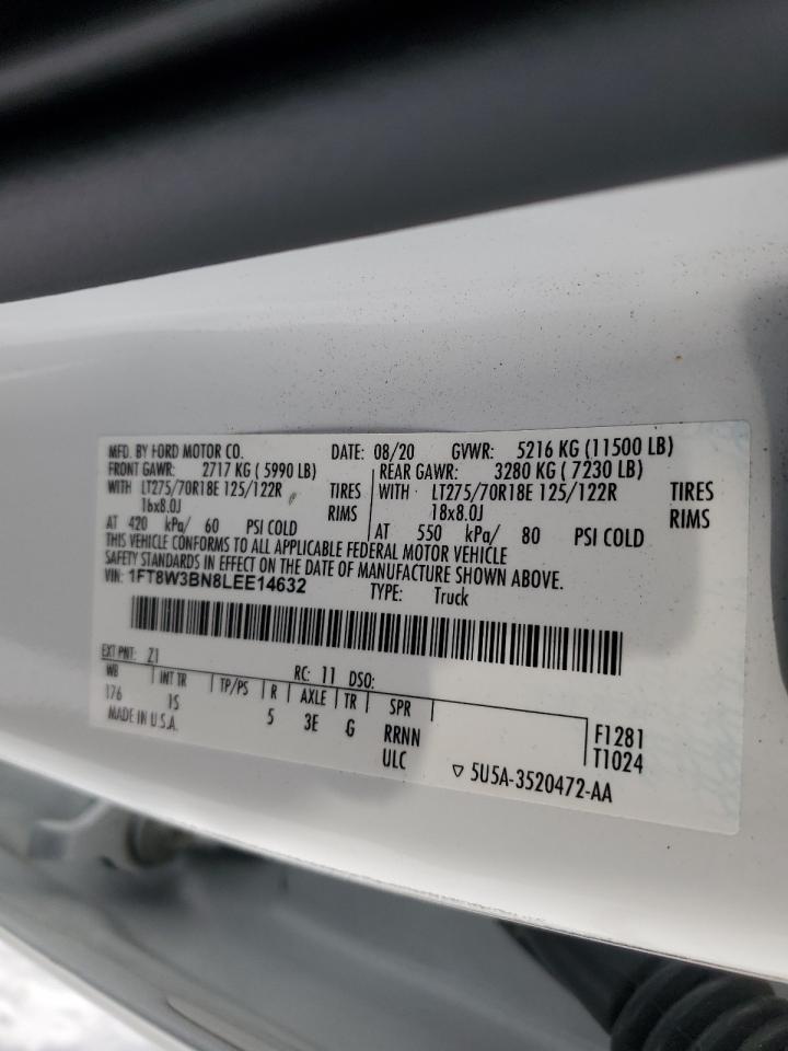 2020 Ford F350 VIN 1FT8W3BN8LEE14632 Copart auction photo, front end / undercarriage damage thumbnail 12