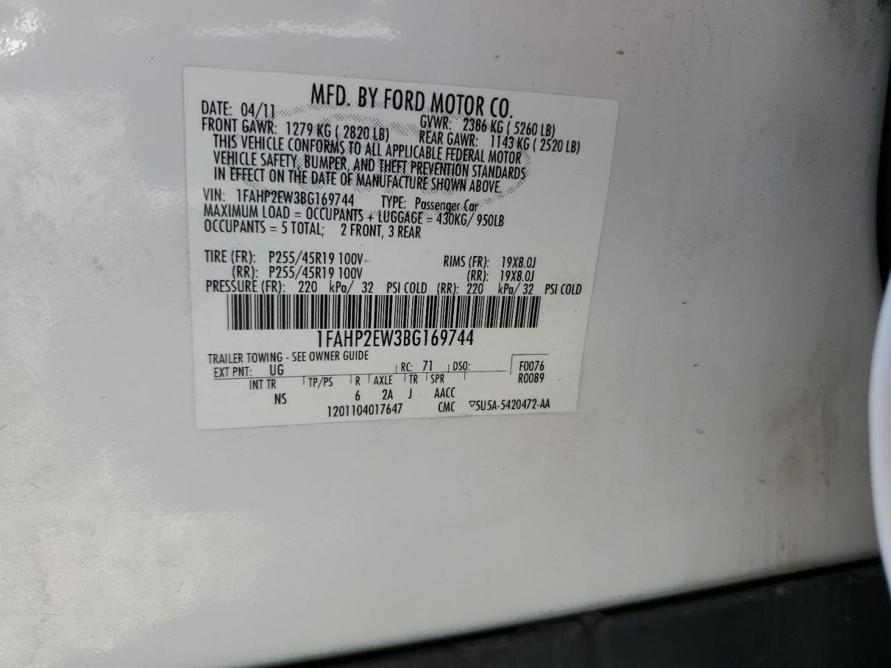 2011 Ford Taurus VIN 1FAHP2EW3BG169744 Copart auction photo, normal wear damage thumbnail 14