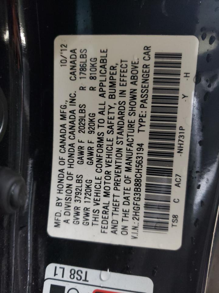 2012 Honda Civic VIN 2HGFG3B88CH563194 Copart auction photo, front end damage thumbnail 12