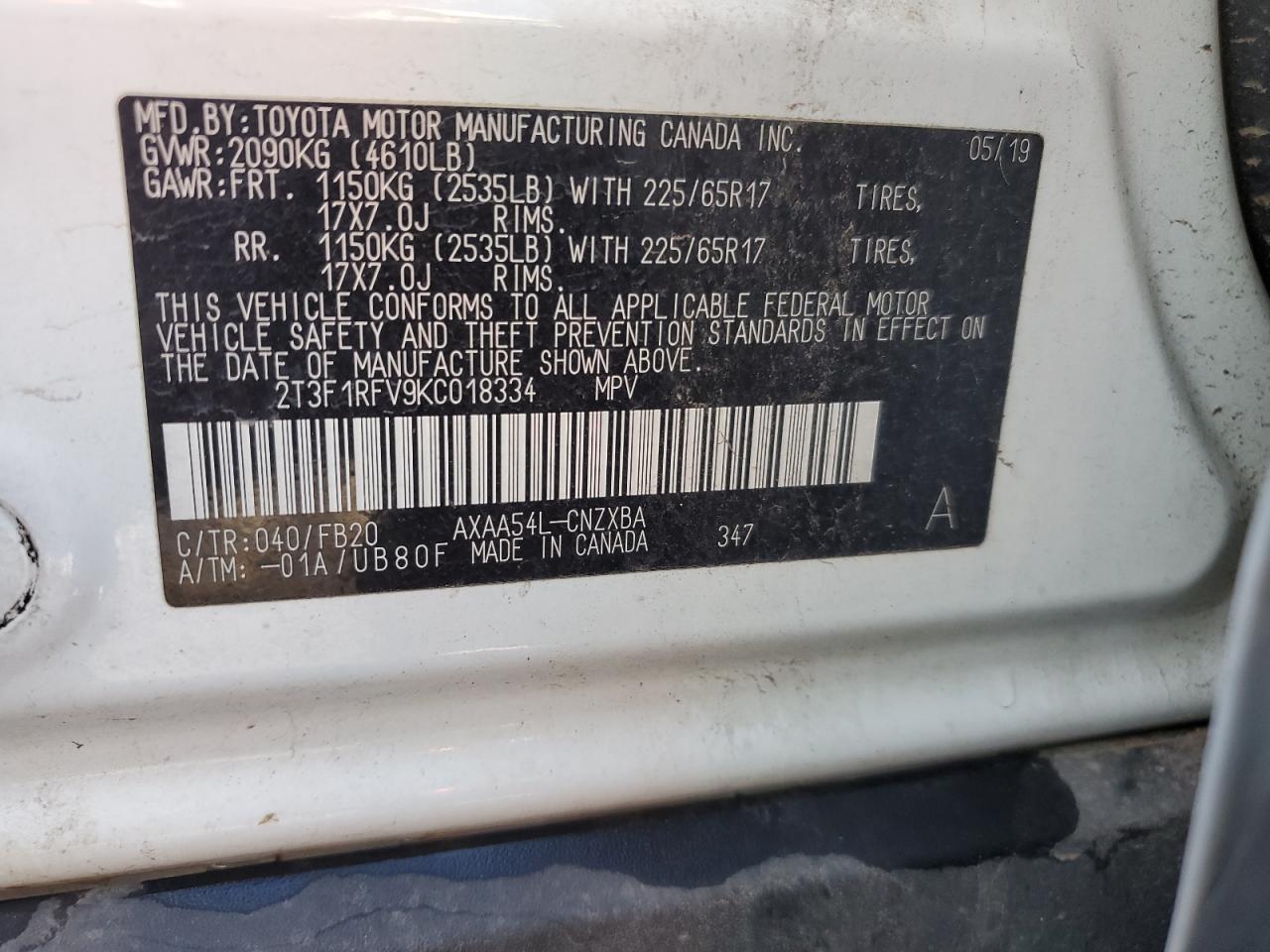 2019 Toyota RAV 4 VIN 2T3F1RFV9KC018334 Copart auction photo, front end damage thumbnail 14