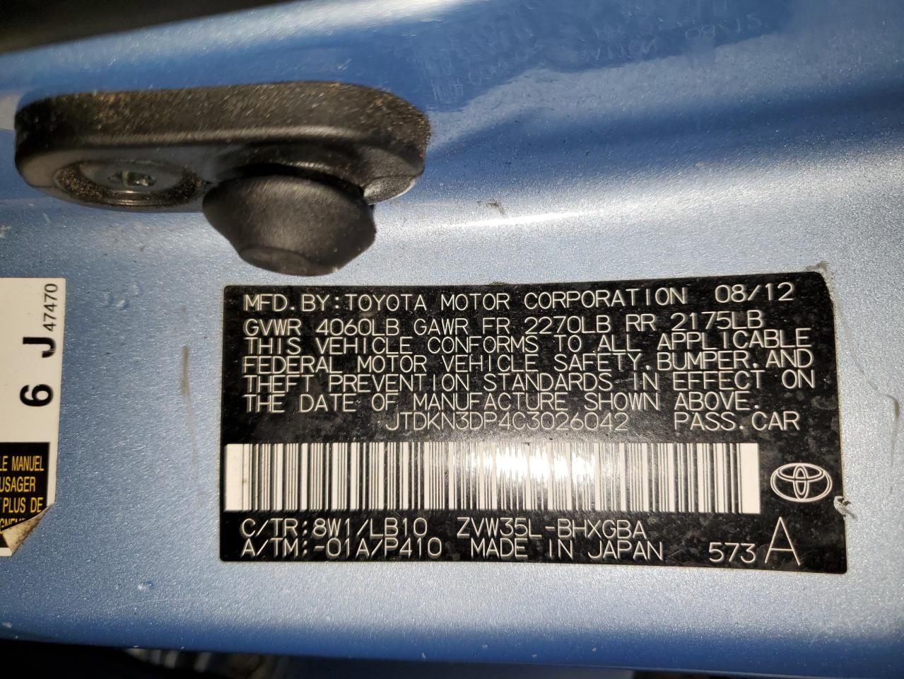2012 Toyota Prius VIN JTDKN3DP4C3026042 Copart auction photo, front end damage thumbnail 12