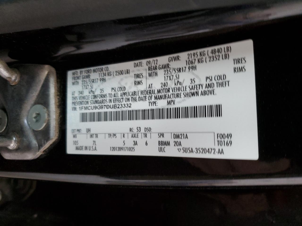 2013 Ford Escape VIN 1FMCU9G97DUB23332 Copart auction photo, front end damage thumbnail 13