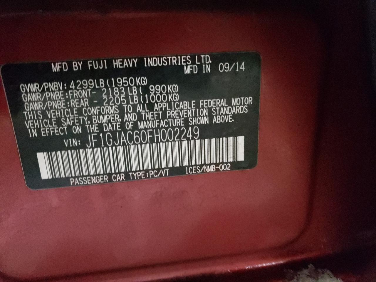 2015 Subaru Impreza VIN JF1GJAC60FH002249 Copart auction photo, front end damage thumbnail 12