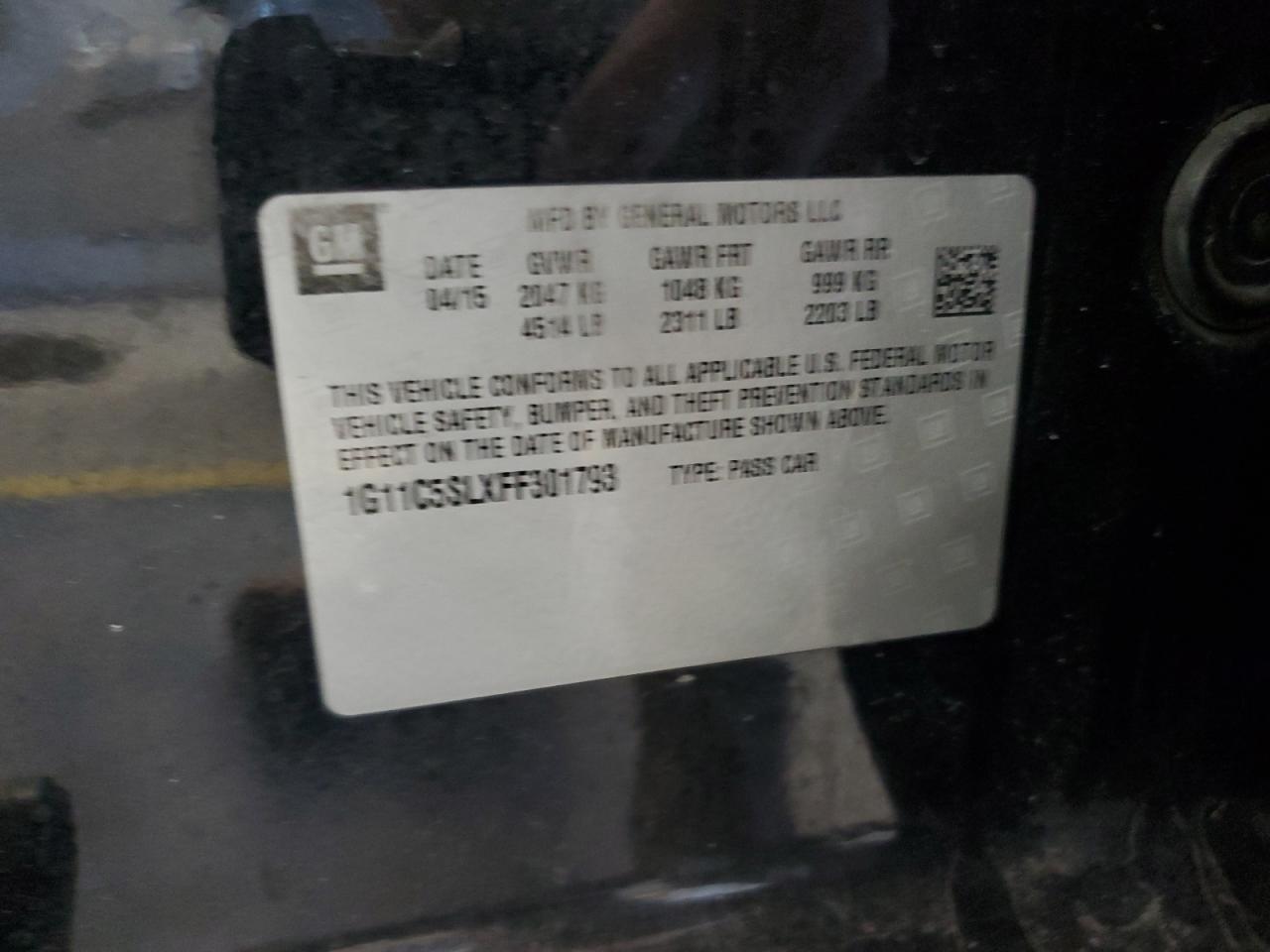 2015 Chevrolet Malibu VIN 1G11C5SLXFF301793 Copart auction photo, front end / side damage thumbnail 14
