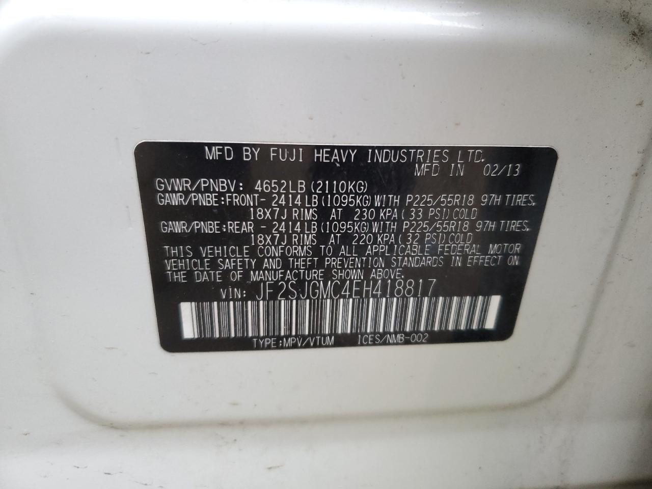 2014 Subaru Forester VIN JF2SJGMC4EH418817 Copart auction photo, rear end damage thumbnail 13