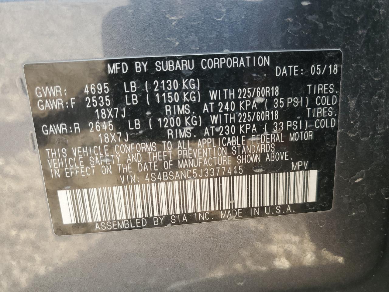 2018 Subaru Outback VIN 4S4BSANC5J3377415 Copart auction photo, rollover damage thumbnail 14