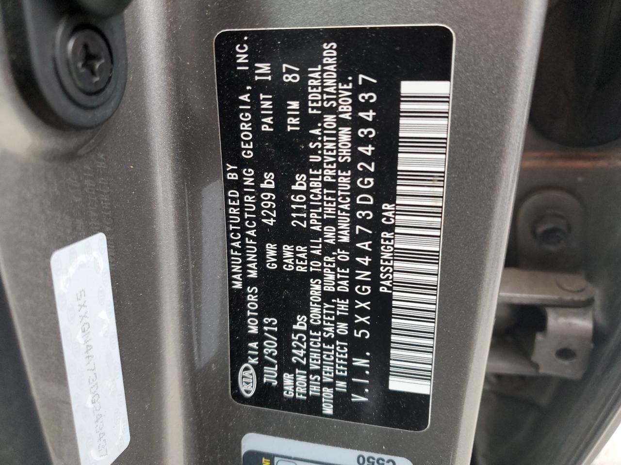 2013 KIA Optima VIN 5XXGN4A73DG243437 Copart auction photo, front end / mechanical damage thumbnail 12