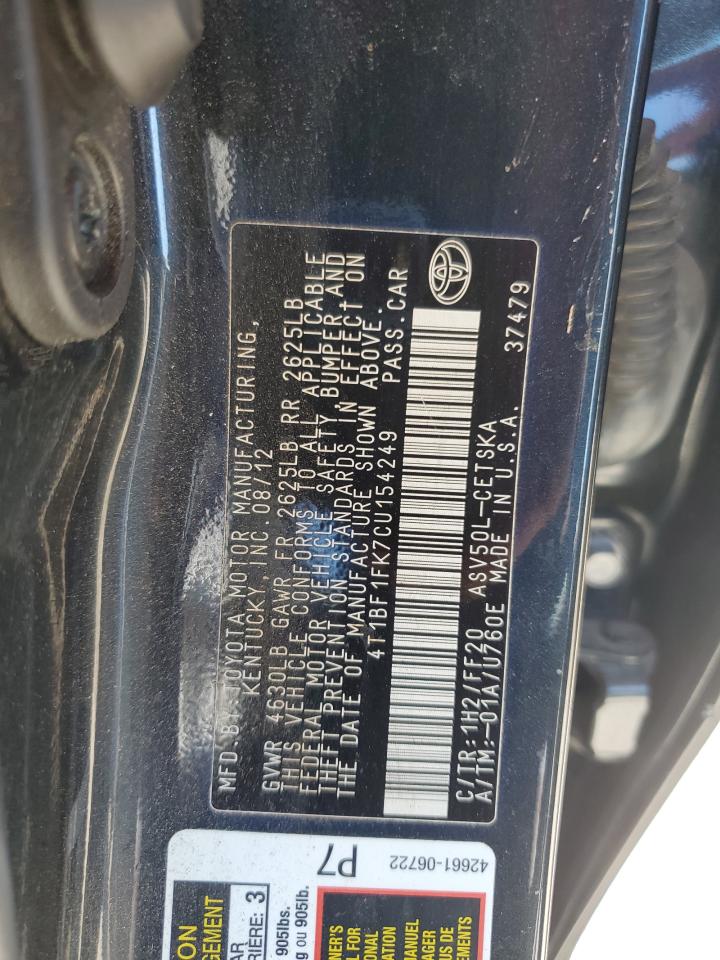 2012 Toyota Camry VIN 4T1BF1FK7CU154249 Copart auction photo, all over / frame damage damage thumbnail 12