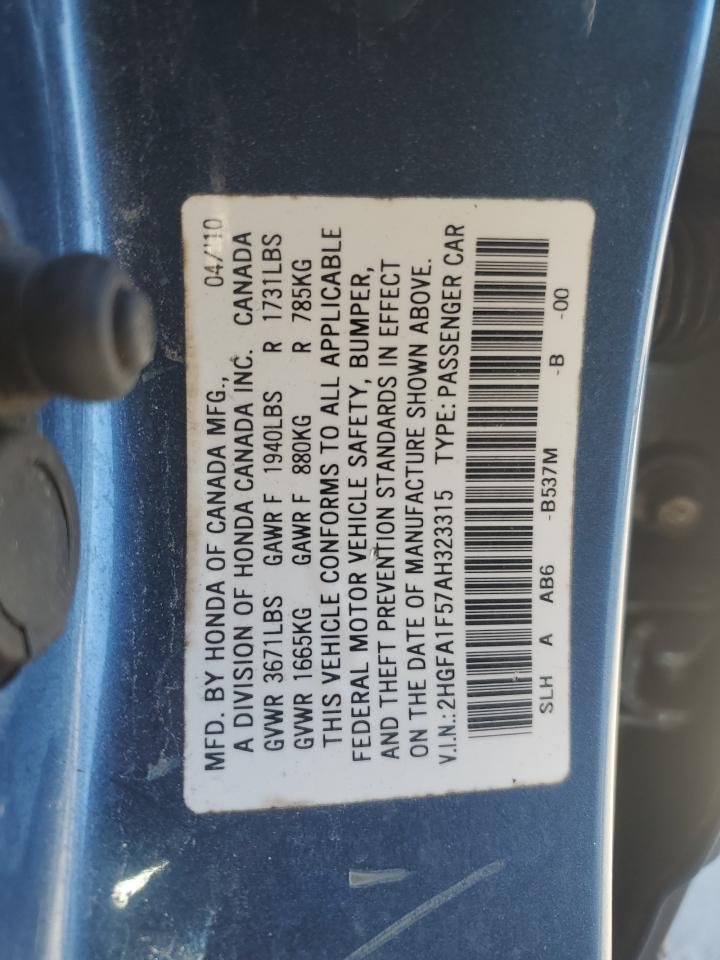 2010 Honda Civic VIN 2HGFA1F57AH323315 Copart auction photo, front end damage thumbnail 13