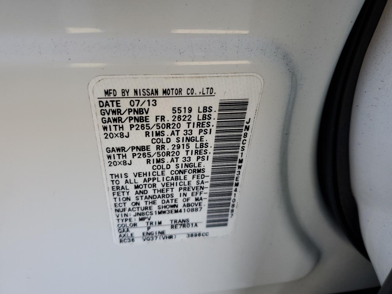 2014 Infiniti QX70 VIN JN8CS1MW3EM410887 Copart auction photo, rear end damage thumbnail 13