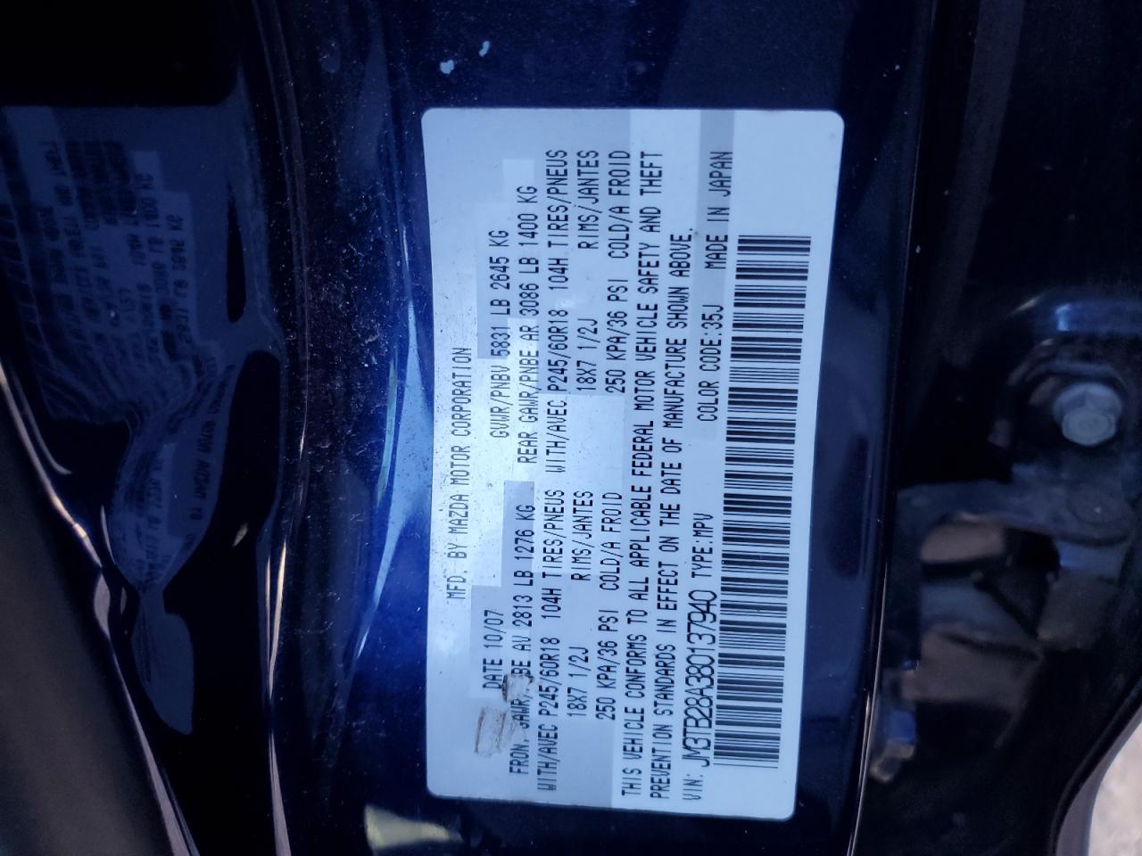 2008 Mazda CX-9 VIN JM3TB28A380137940 Copart auction photo, front end damage thumbnail 15