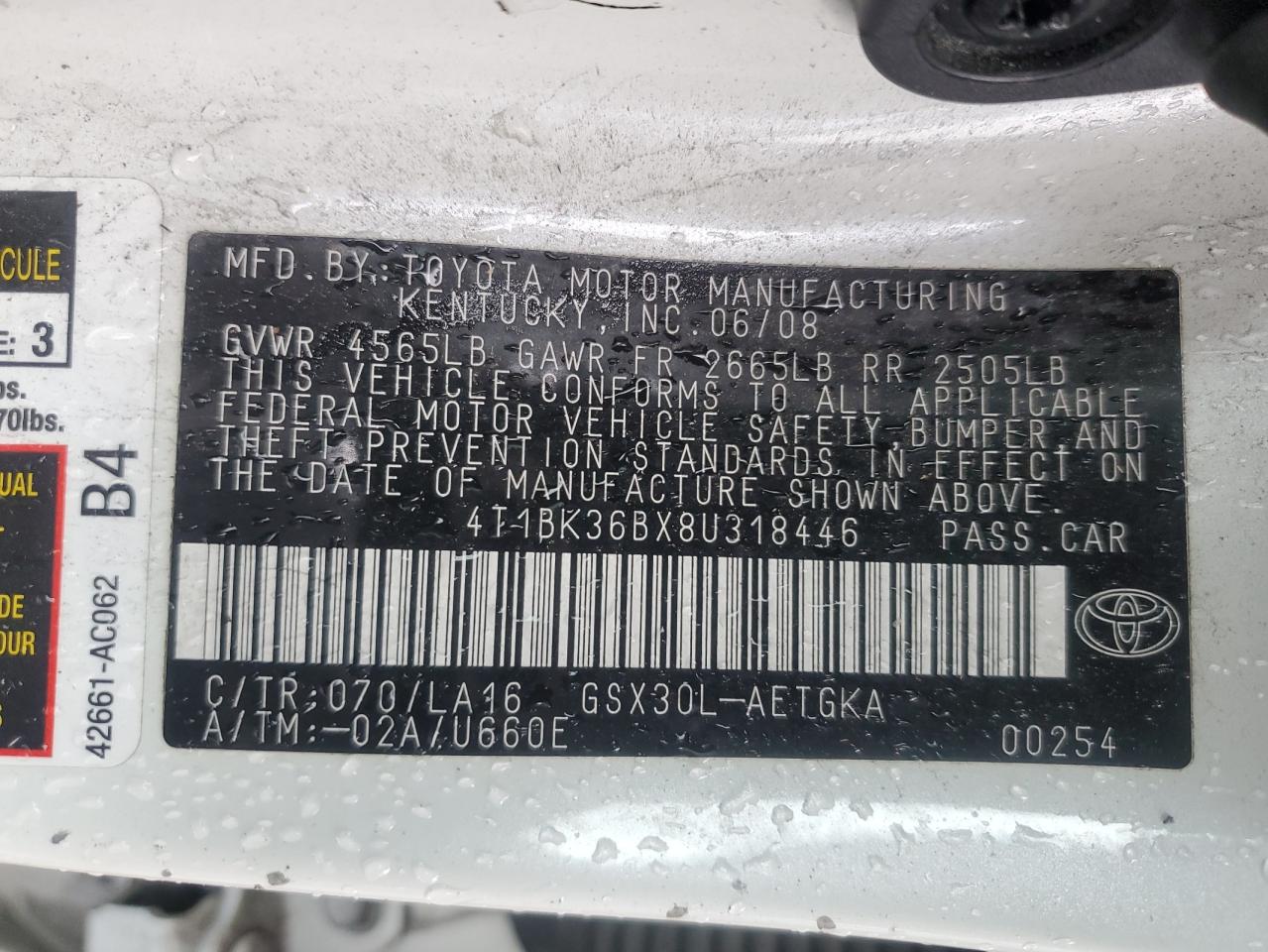 2008 Toyota Avalon VIN 4T1BK36BX8U318446 Copart auction photo, rollover / minor dent/scratches damage thumbnail 13