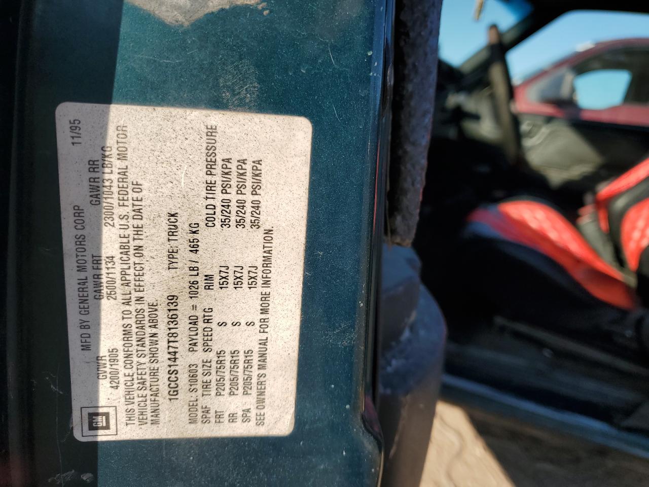1996 Chevrolet S-10 Pickup VIN 1GCCS1447T8136139 Copart auction photo, front end damage thumbnail 14