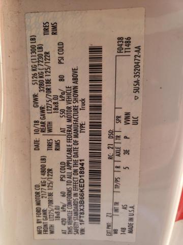 2019 Ford F350 VIN 1FT8X3B66KED18941 Copart auction photo, top/roof / side damage thumbnail 12
