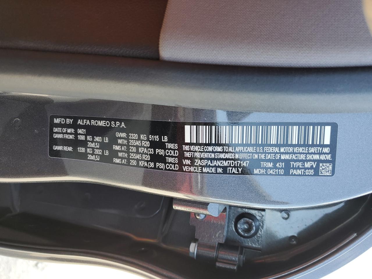 2021 Alfa Romeo Stelvio VIN ZASPAJAN2M7D17147 Copart auction photo, rear end / undercarriage damage thumbnail 15