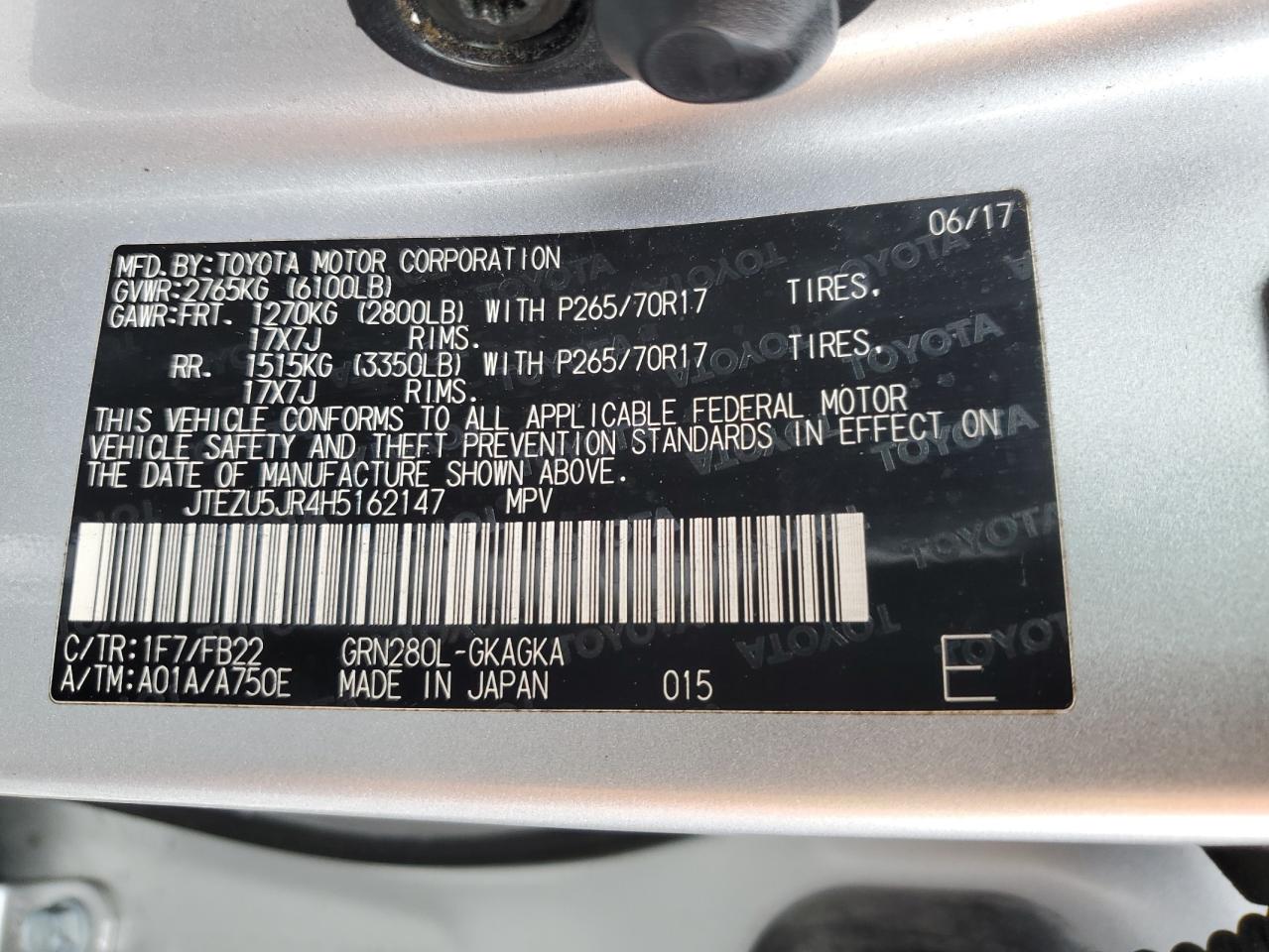 2017 Toyota 4Runner VIN JTEZU5JR4H5162147 Copart auction photo, front end damage thumbnail 13