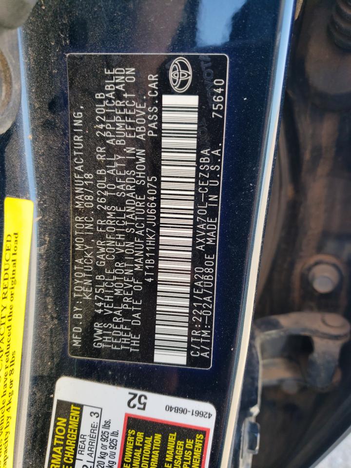 2018 Toyota Camry VIN 4T1B11HK7JU664075 Copart auction photo, rear end / side damage thumbnail 14