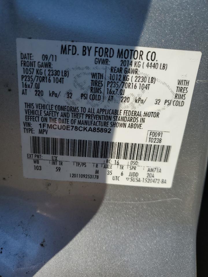 2012 Ford Escape VIN 1FMCU0E78CKA85892 Copart auction photo, all over damage thumbnail 13