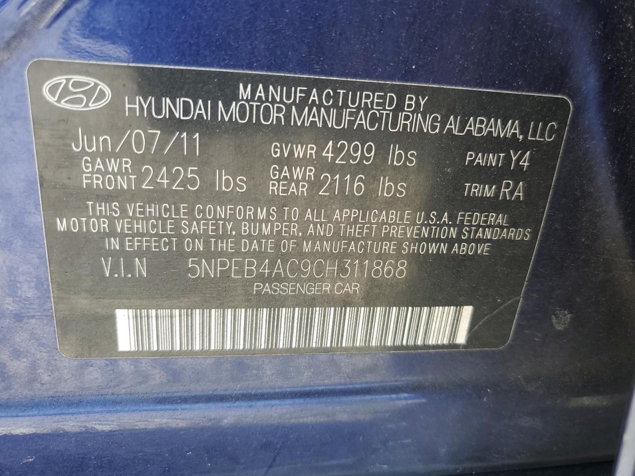 2012 Hyundai Sonata VIN 5NPEB4AC9CH311868 Copart auction photo, front end damage thumbnail 12