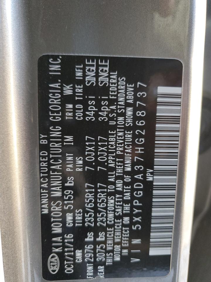 2017 KIA Sorento VIN 5XYPGDA37HG268737 Copart auction photo, front end damage thumbnail 14