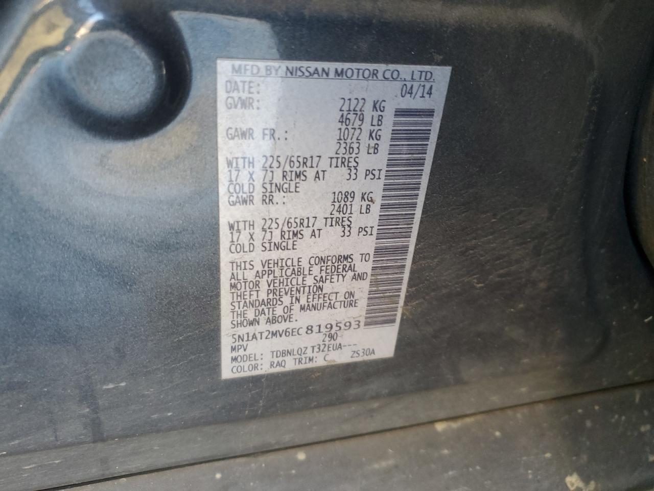 2014 Nissan Rogue VIN 5N1AT2MV6EC819593 Copart auction photo, front end / side damage thumbnail 13