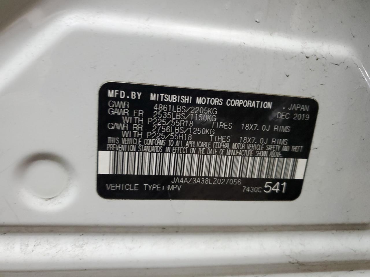 2020 Mitsubishi Outlander VIN JA4AZ3A38LZ027056 Copart auction photo, front end damage thumbnail 14