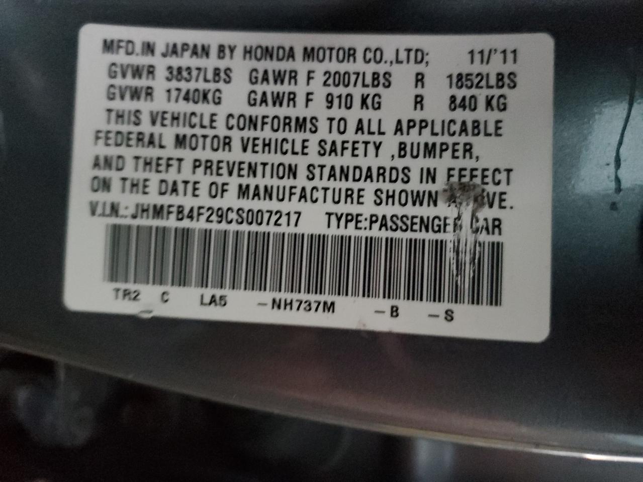 2012 Honda Civic VIN JHMFB4F29CS007217 Copart auction photo, front end / side damage thumbnail 12