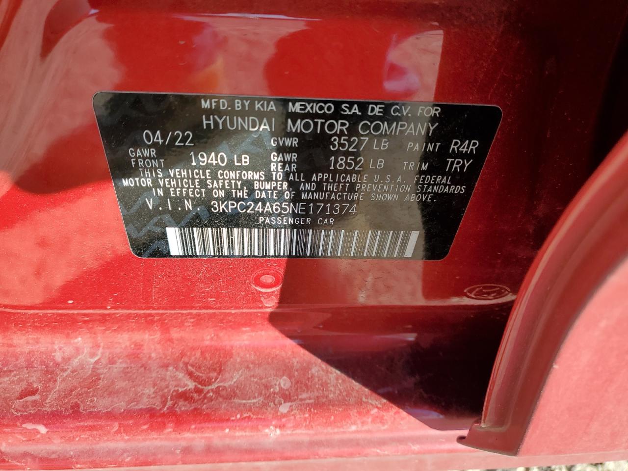 2022 Hyundai Accent VIN 3KPC24A65NE171374 Copart auction photo, front end damage thumbnail 12