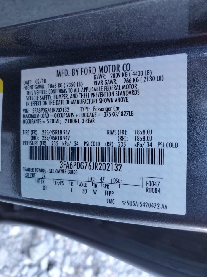 2018 Ford Fusion VIN 3FA6P0G76JR202132 Copart auction photo, front end / side damage thumbnail 12