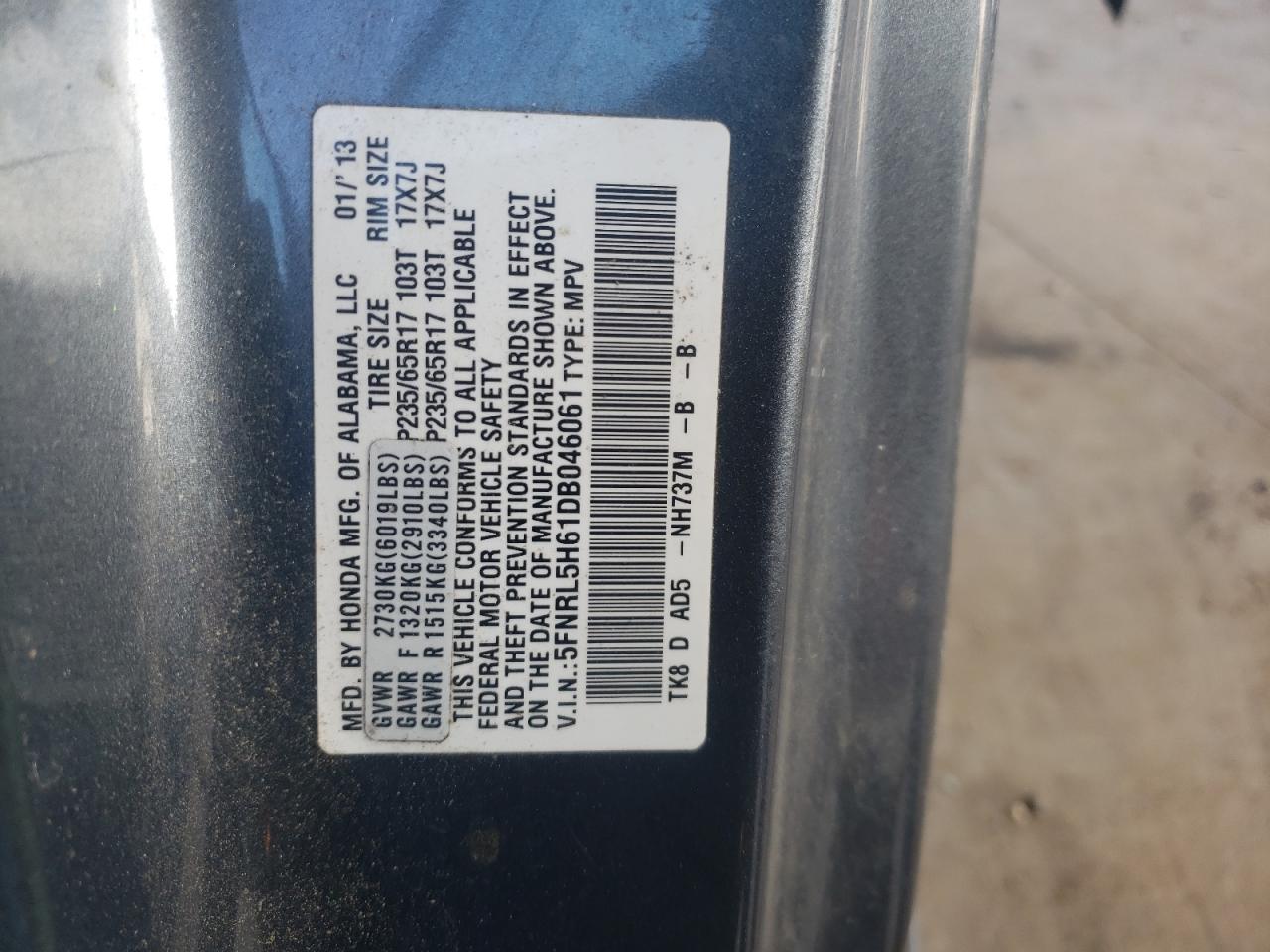 2013 Honda Odyssey VIN 5FNRL5H61DB046061 Copart auction photo, front end damage thumbnail 14