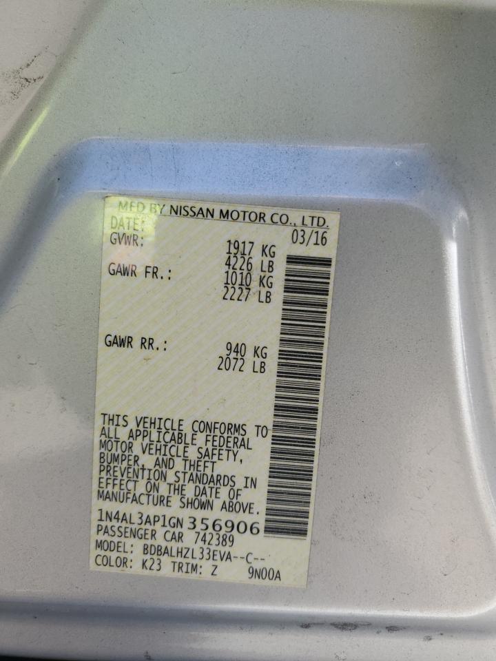 2016 Nissan Altima VIN 1N4AL3AP1GN356906 Copart auction photo, front end damage thumbnail 13