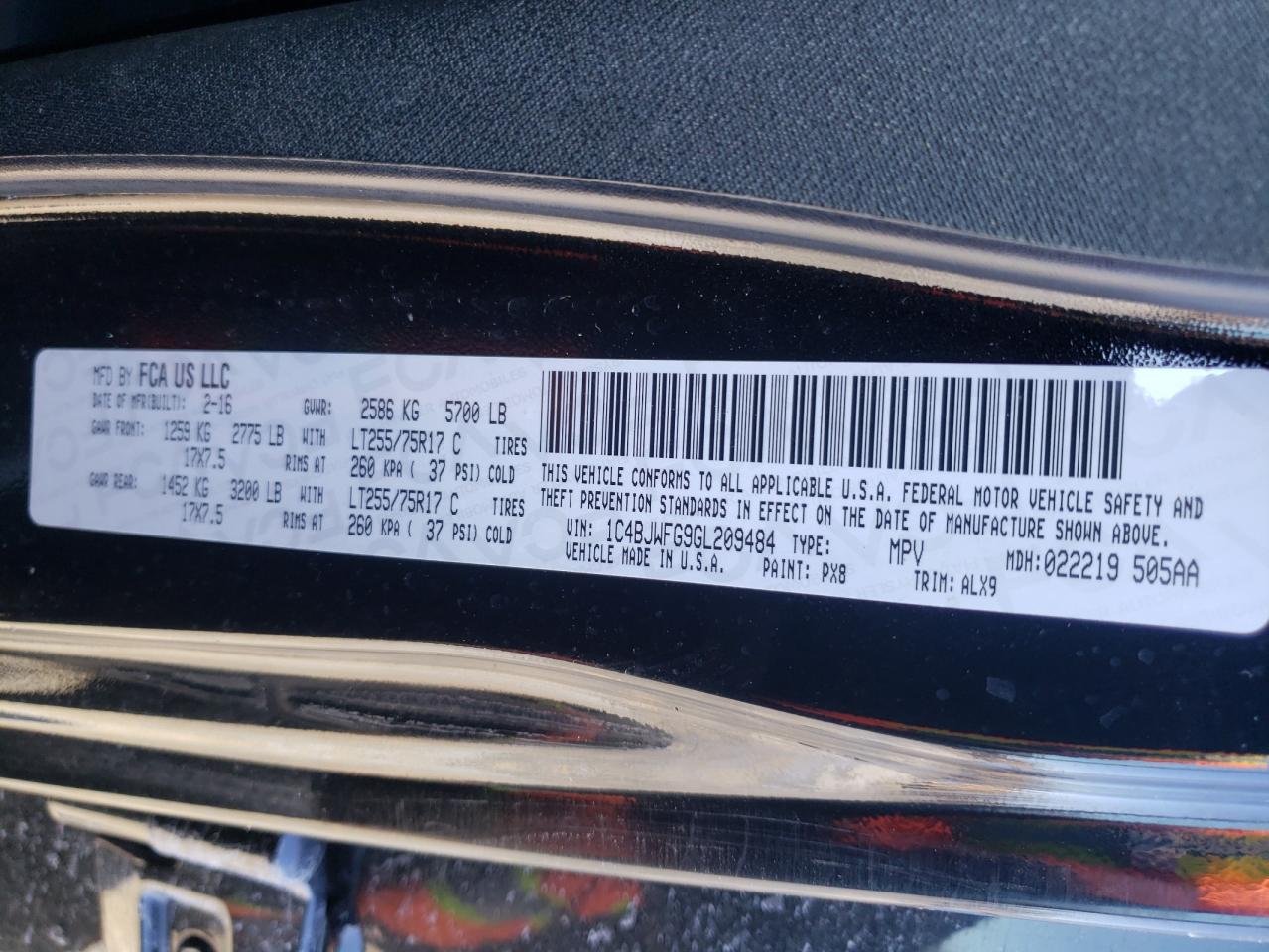 2016 Jeep Wrangler VIN 1C4BJWFG9GL209484 Copart auction photo, front end damage thumbnail 14