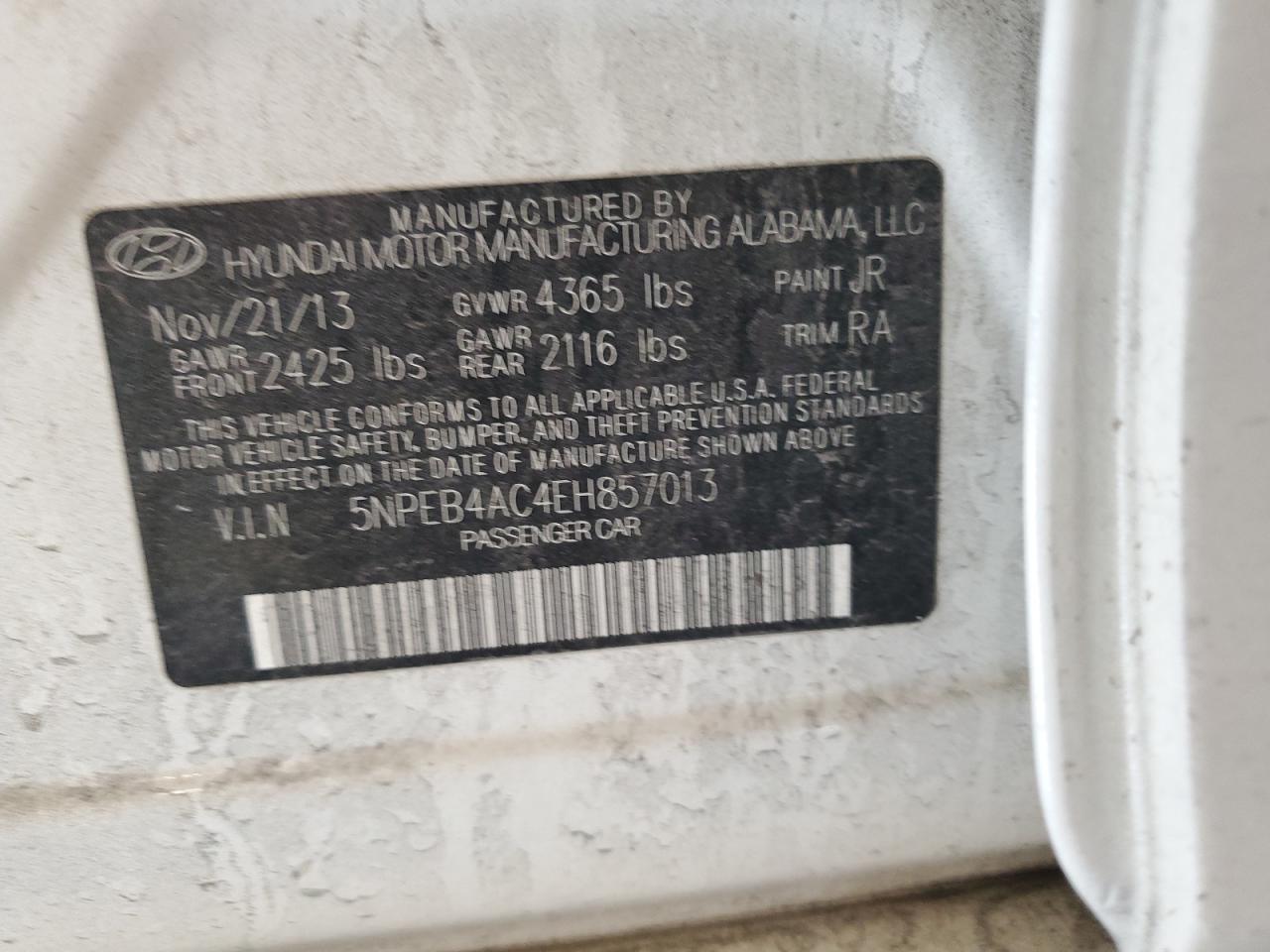 2014 Hyundai Sonata VIN 5NPEB4AC4EH857013 Copart auction photo, front end / side damage thumbnail 12