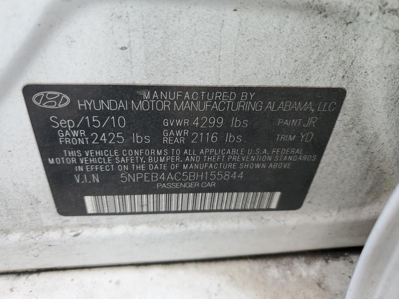 2011 Hyundai Sonata VIN 5NPEB4AC5BH155844 Copart auction photo, vandalism damage thumbnail 13
