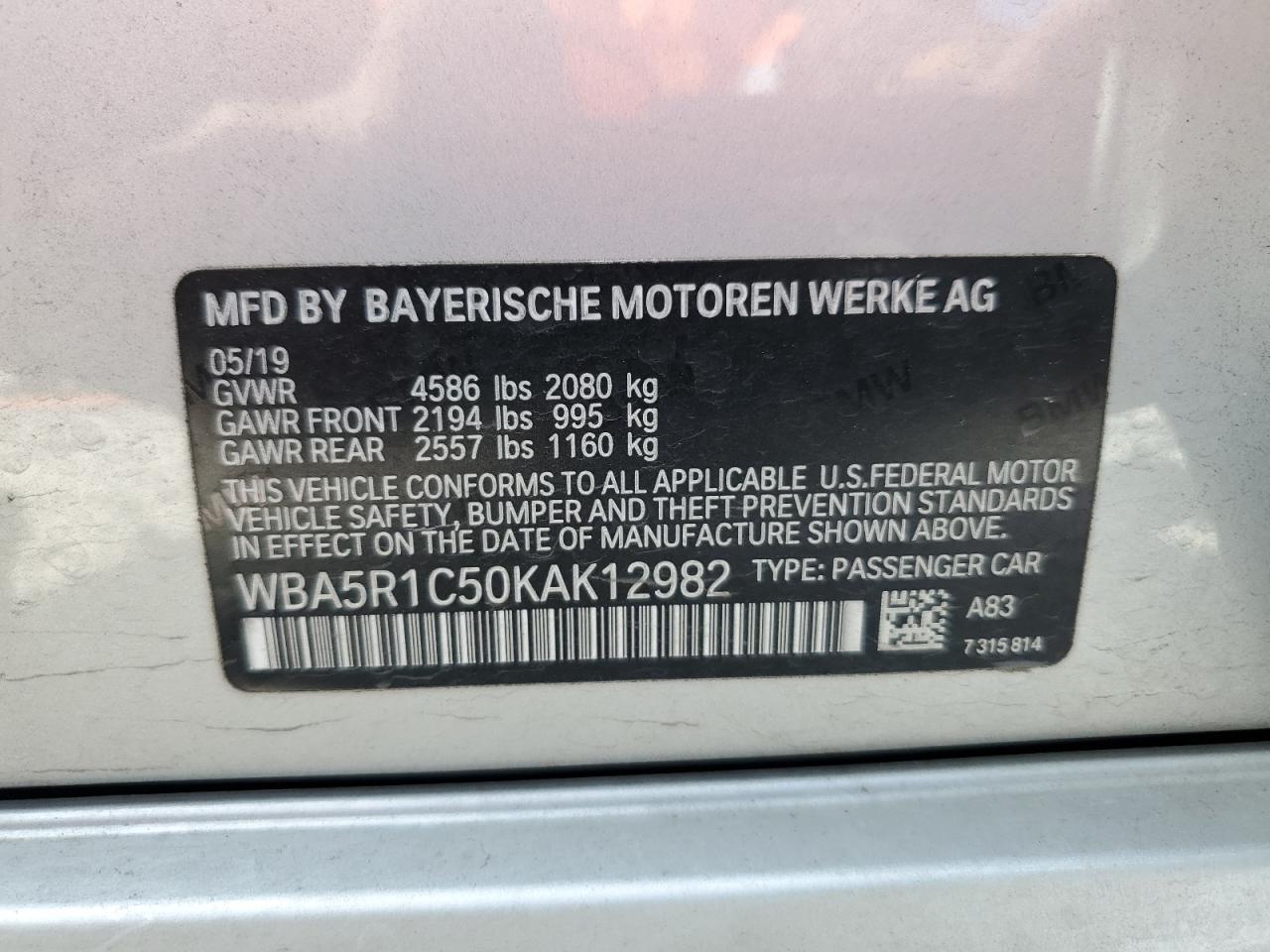 2019 BMW 3er VIN WBA5R1C50KAK12982 Copart auction photo, front end damage thumbnail 12