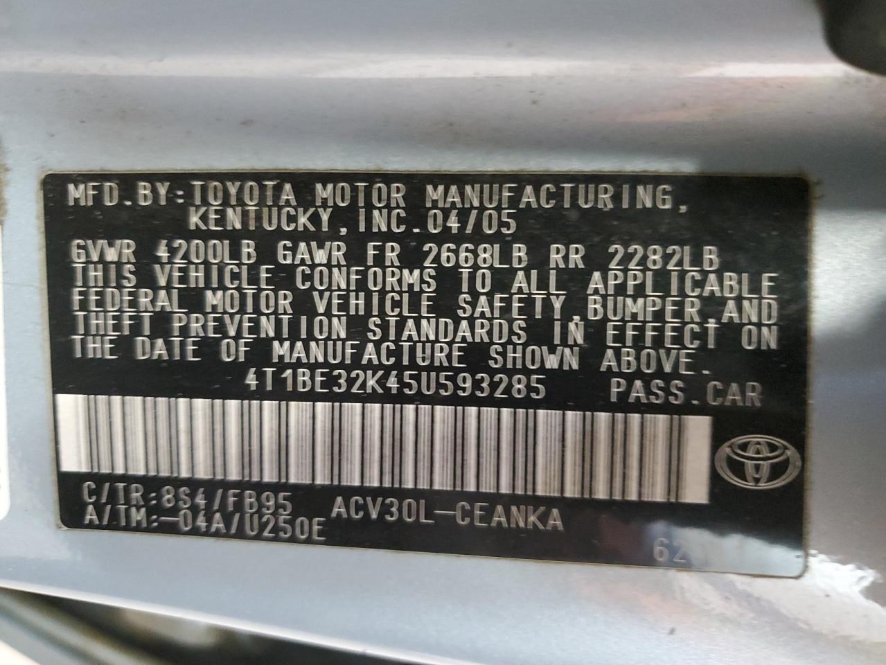 2005 Toyota Camry VIN 4T1BE32K45U593285 Copart auction photo, rear end damage thumbnail 13