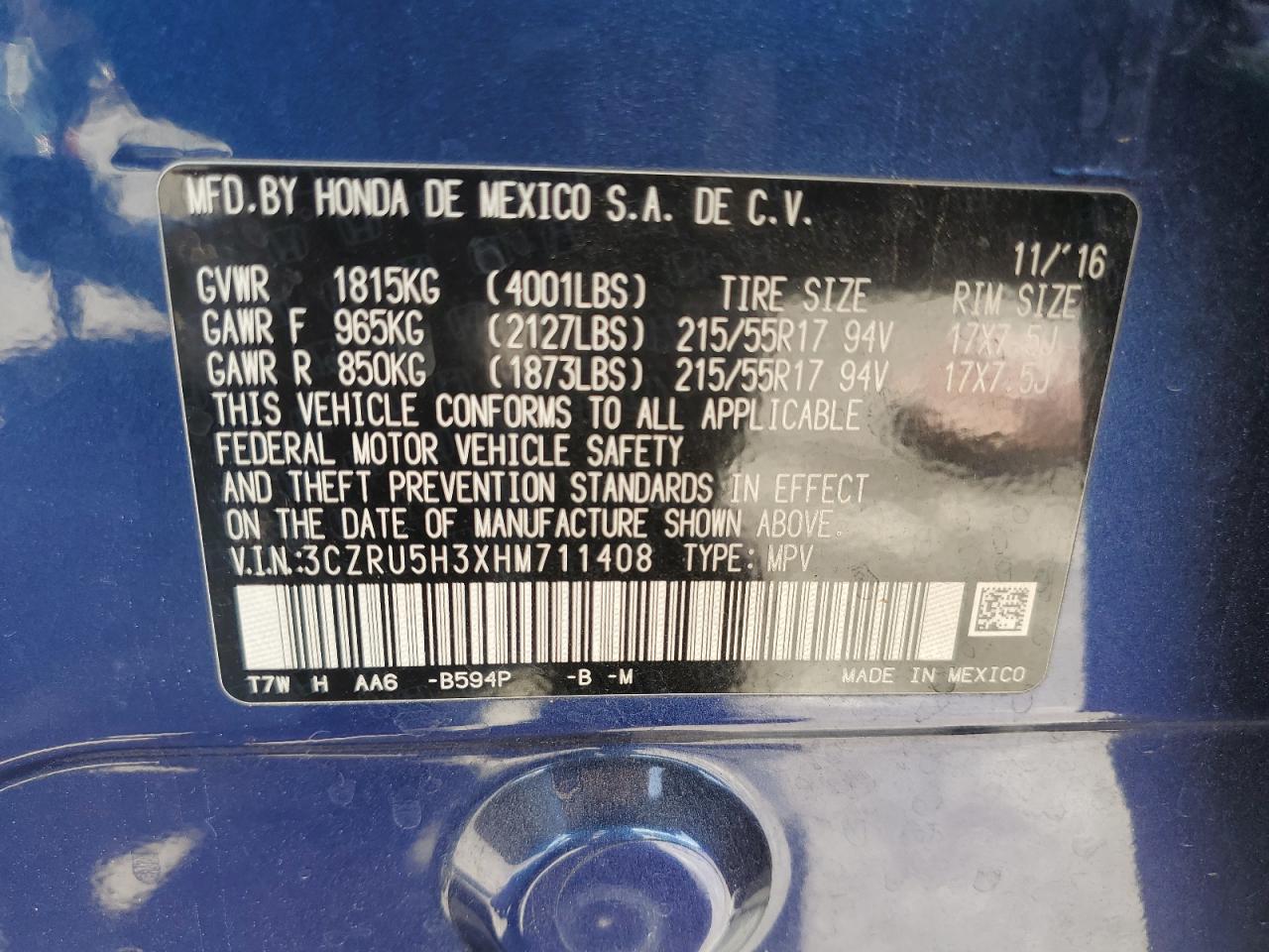 2017 Honda HR-V VIN 3CZRU5H3XHM711408 Copart auction photo, front end damage thumbnail 15