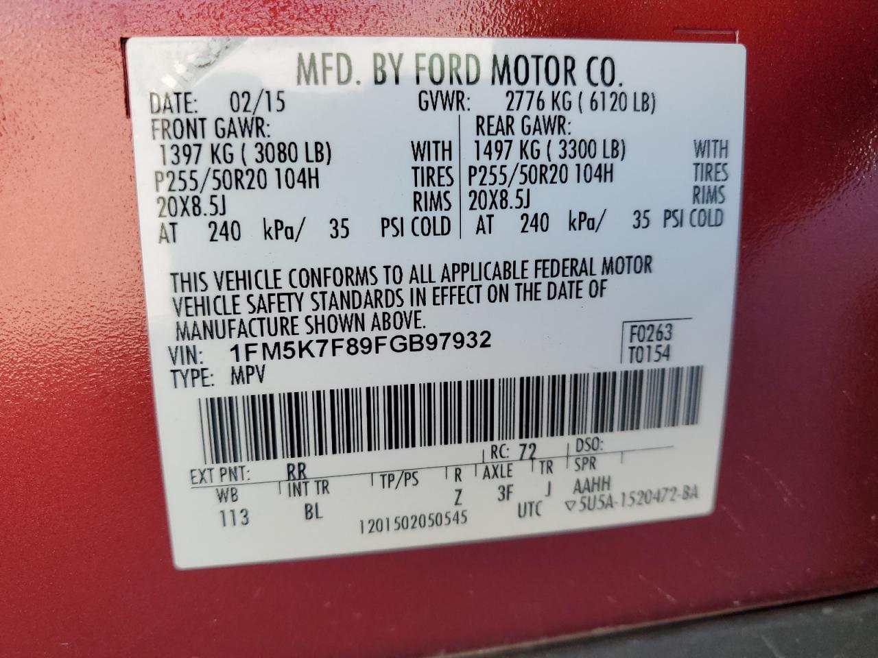 2015 Ford Explorer VIN 1FM5K7F89FGB97932 Copart auction photo, rear end / minor dent/scratches damage thumbnail 13