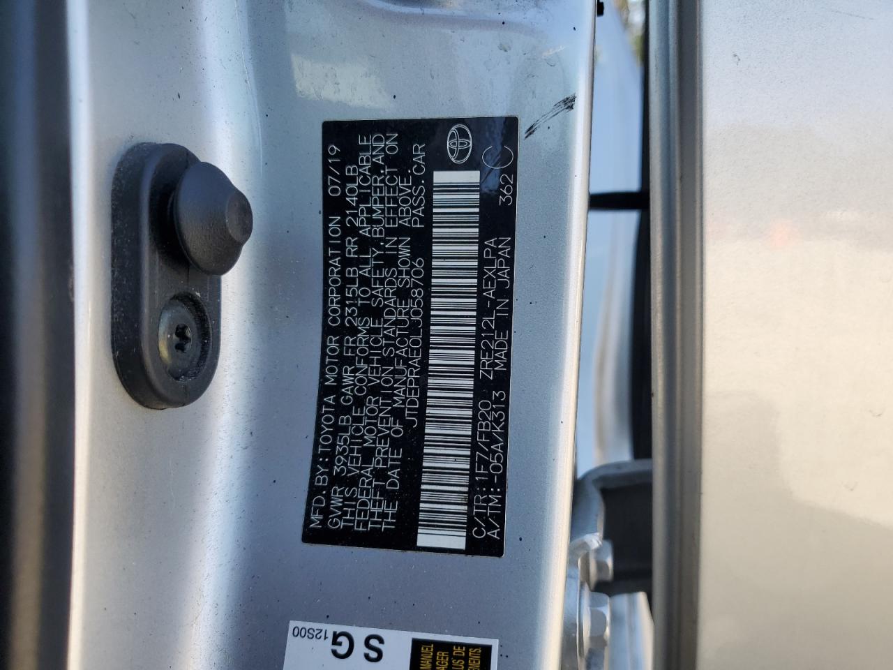 2020 Toyota Corolla VIN JTDEPRAE0LJ058706 Copart auction photo, all over damage thumbnail 14