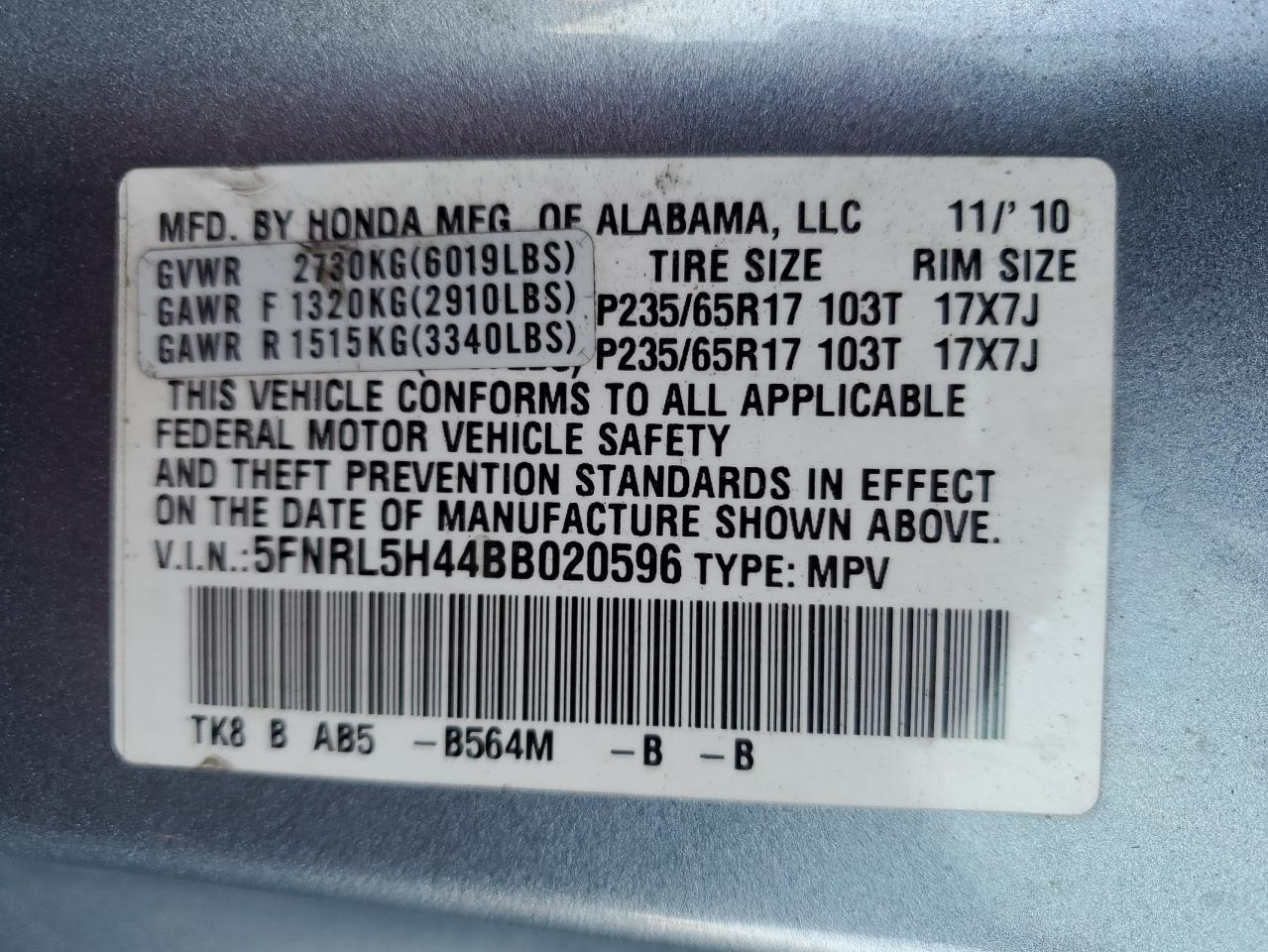 2011 Honda Odyssey VIN 5FNRL5H44BB020596 Copart auction photo, mechanical / minor dent/scratches damage thumbnail 14