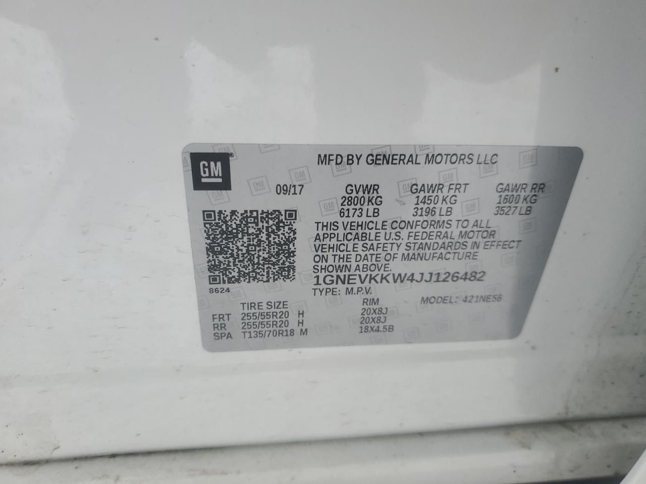 2018 Chevrolet Traverse VIN 1GNEVKKW4JJ126482 Copart auction photo, rear end / minor dent/scratches damage thumbnail 14