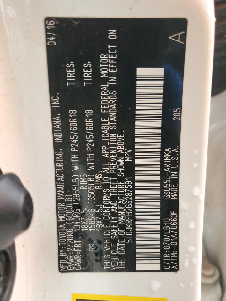 2016 Toyota Highlander VIN 5TDJKRFH2GS287591 Copart auction photo, all over damage thumbnail 13