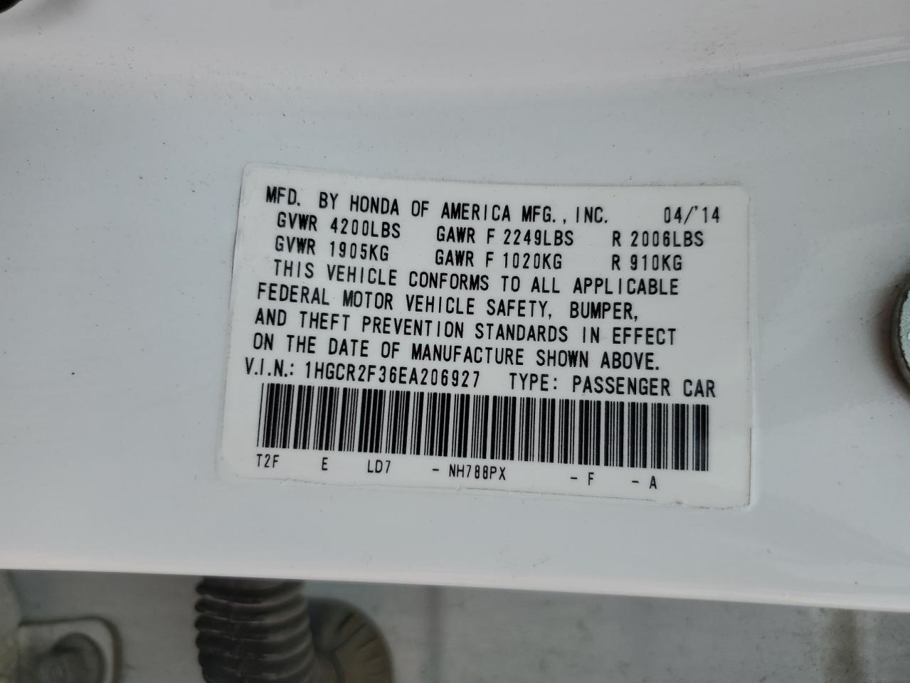 2014 Honda Accord VIN 1HGCR2F36EA206927 Copart auction photo, front end / minor dent/scratches damage thumbnail 12