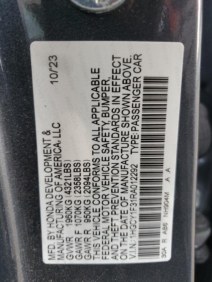 2024 Honda Accord VIN 1HGCY1F31RA012292 Copart auction photo, rollover damage thumbnail 12