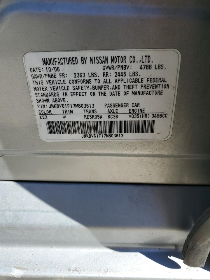 2007 Infiniti G VIN JNKBV61F17M803613 Copart auction photo, water/flood / minor dent/scratches damage thumbnail 13