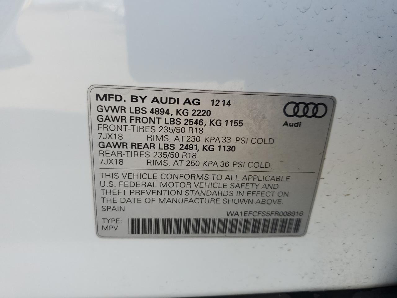 2015 Audi Q3 VIN WA1EFCFS5FR008916 Copart auction photo, front end / side damage thumbnail 12