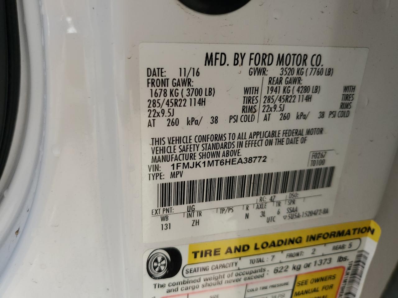 2017 Ford Expedition VIN 1FMJK1MT6HEA38772 Copart auction photo, front end / side damage thumbnail 13