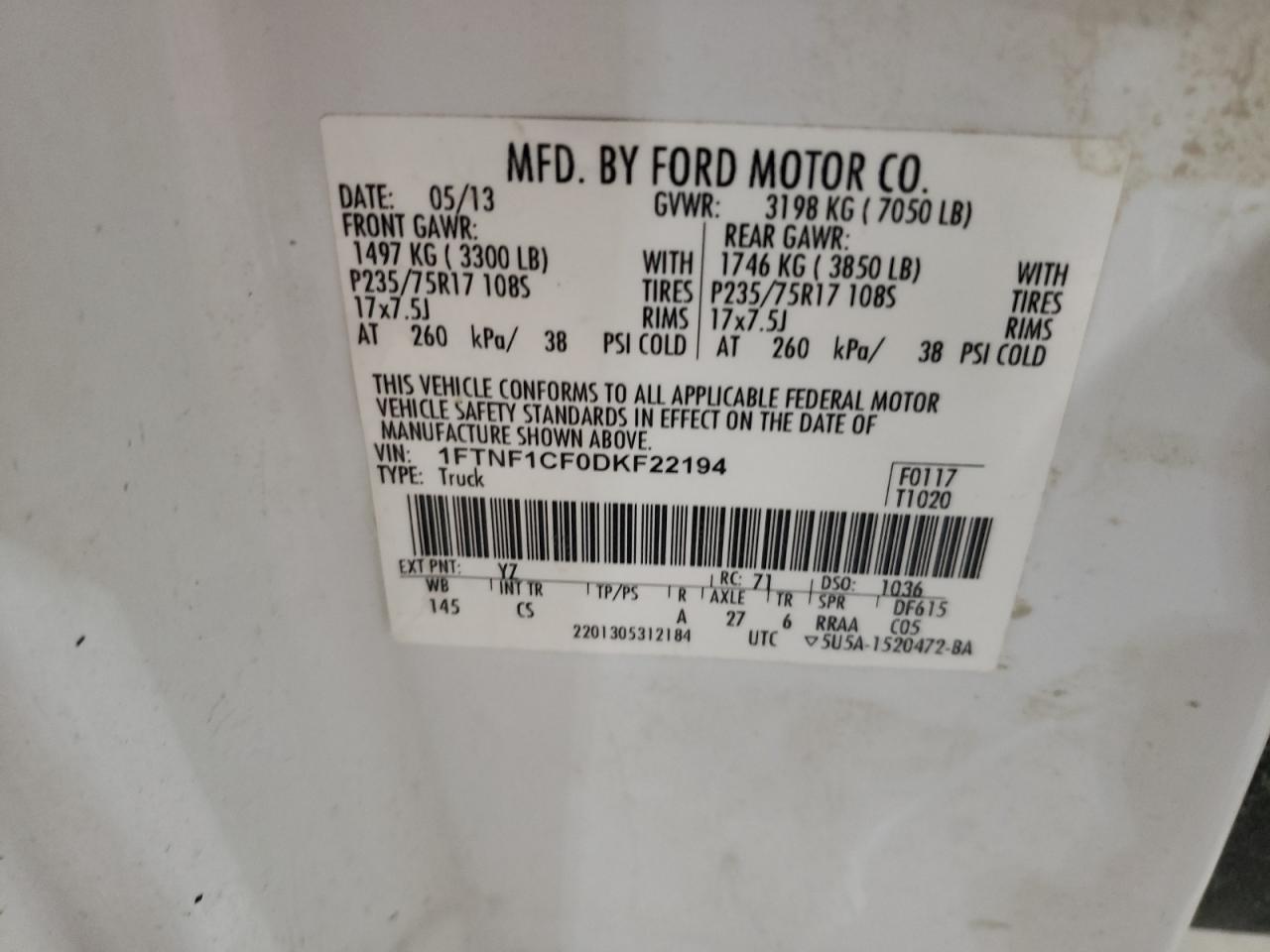 2013 Ford F-150 VIN 1FTNF1CF0DKF22194 Copart auction photo, front end / side damage thumbnail 14