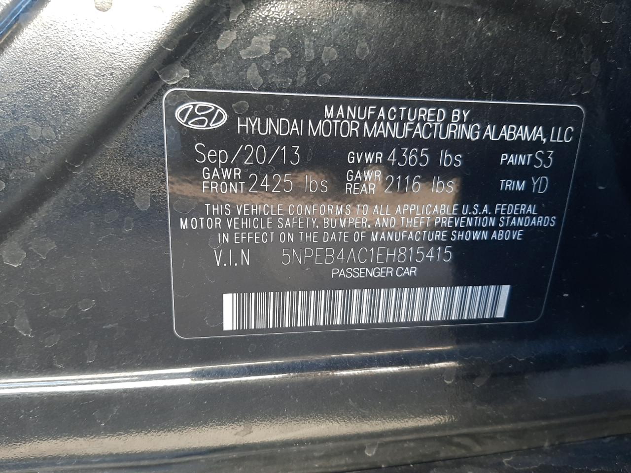 2014 Hyundai Sonata VIN 5NPEB4AC1EH815415 Copart auction photo, vandalism damage thumbnail 12